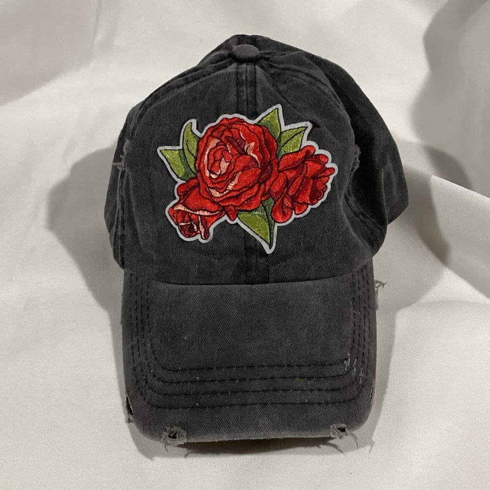 Black‎ Cap with Red Rose Embroidery